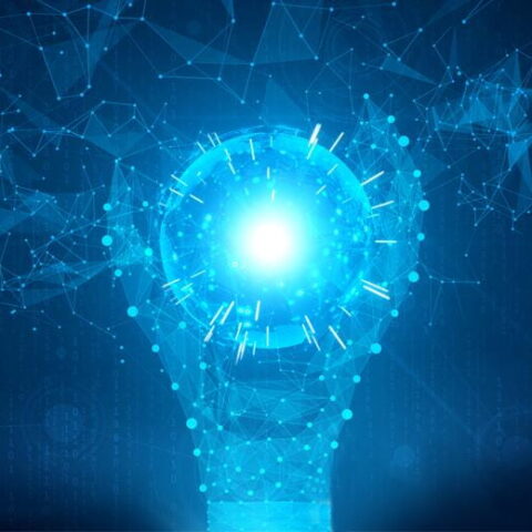 Digital artwork of a lightbulb consisting of interconnected blue lines and dots, representing a network or digital brain, glowing brightly against a dark blue background filled with numerical data and geometric shapes, symbolizing innovation, ideas, and technology.